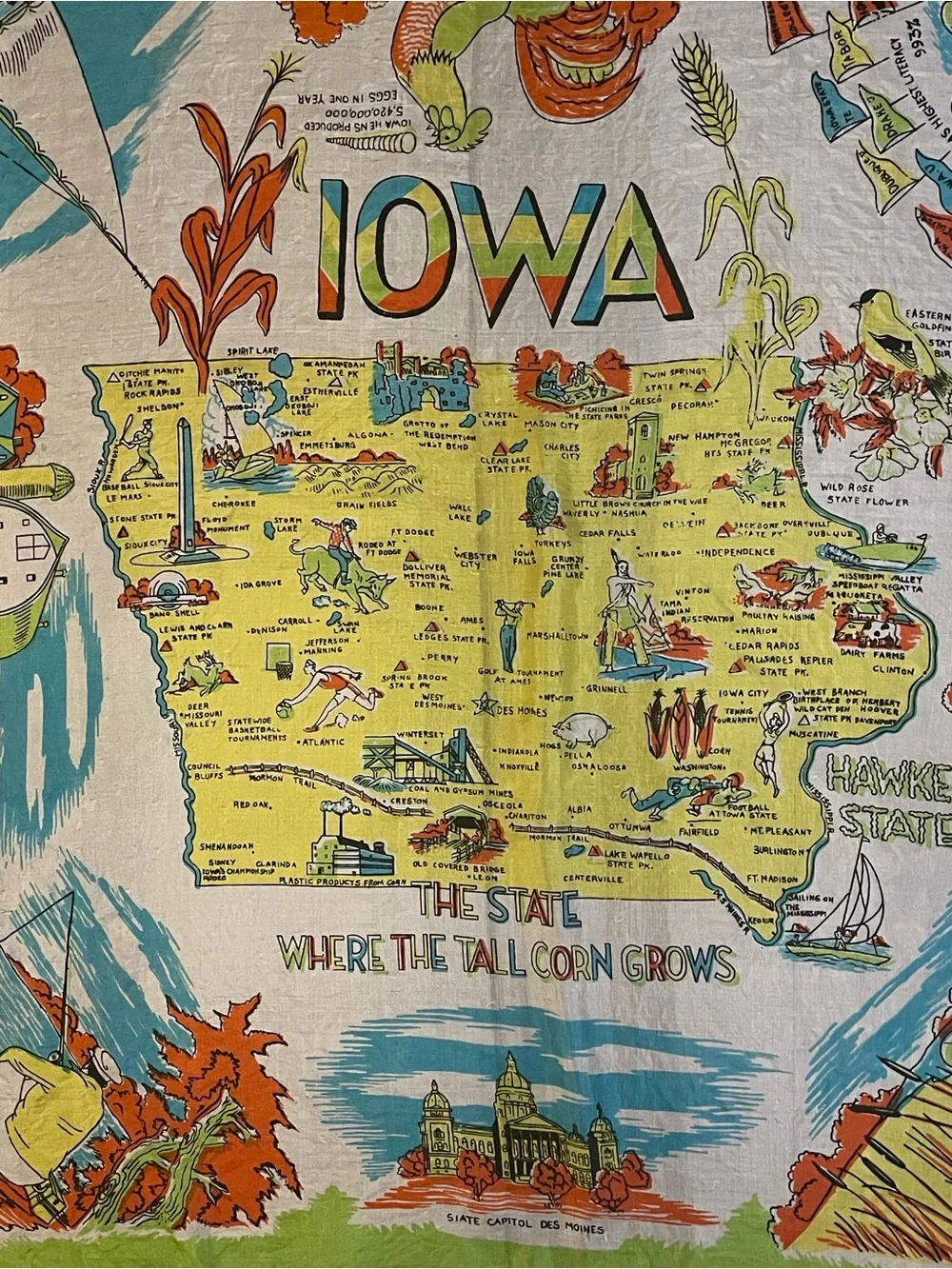 Rare Vintage 50s Iowa Souvenir Silk Scarf 30 In Sq Very Good Condition
